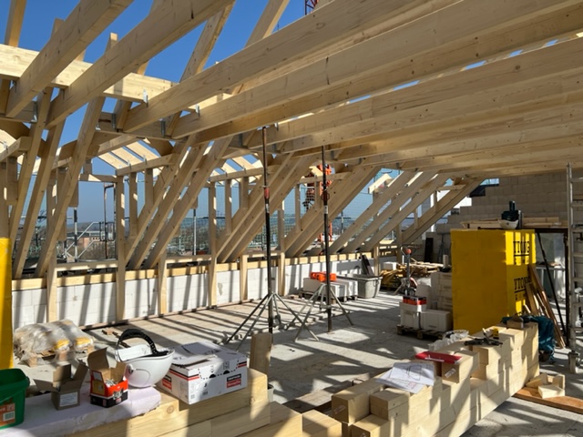 Ab der 12. KW 2022 wurde die Holzkonstruktion des Dachstuhles errichtet.